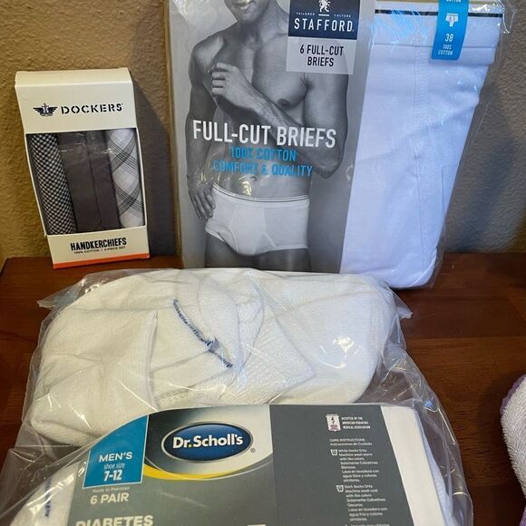 Stafford Full Cut Briefs 38 Dockers Handkerchiefs and Scholl’s Socks - Picture 1 of 12